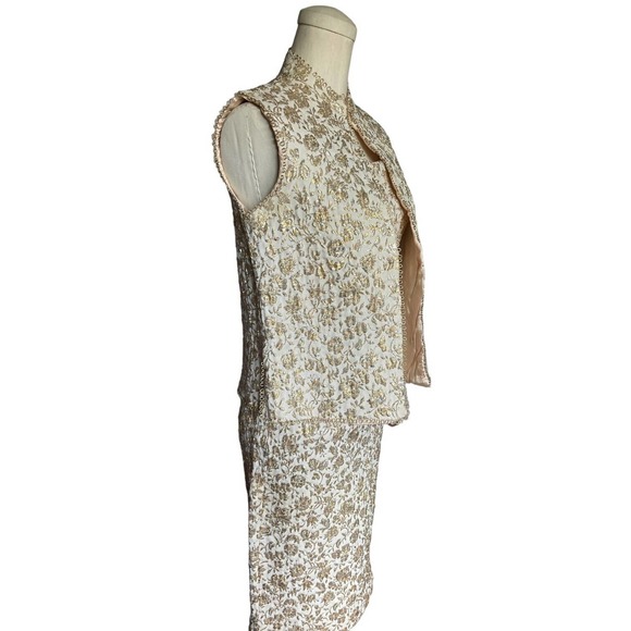 Vintage 50s Gold Silver Jacquard Brocade Wiggle Dress Vest Set Cocktail Pinup - Picture 10 of 14